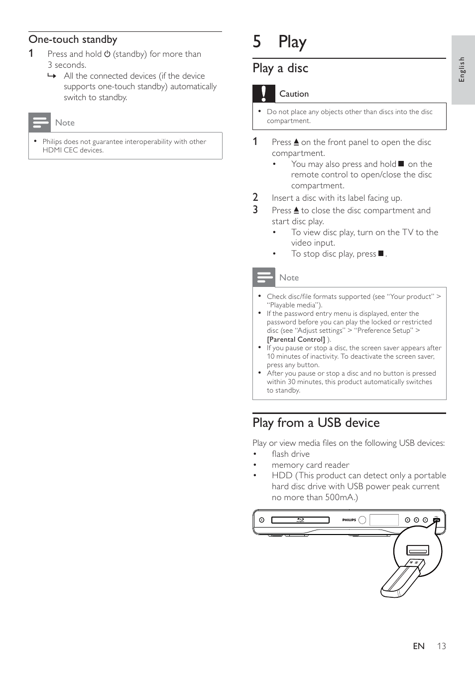 5 play, Play a disc, Play from a usb device | Philips BDP5100 User Manual | Page 12 / 48