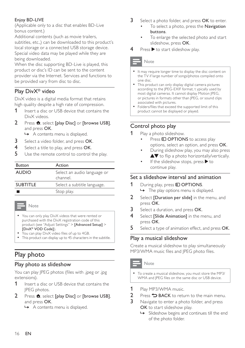 Play photo, Control photo play 1, Set a slideshow interval and animation 1 | Play a musical slideshow, Play divx, Video, Play photo as slideshow | Philips BDP5100 User Manual | Page 15 / 48