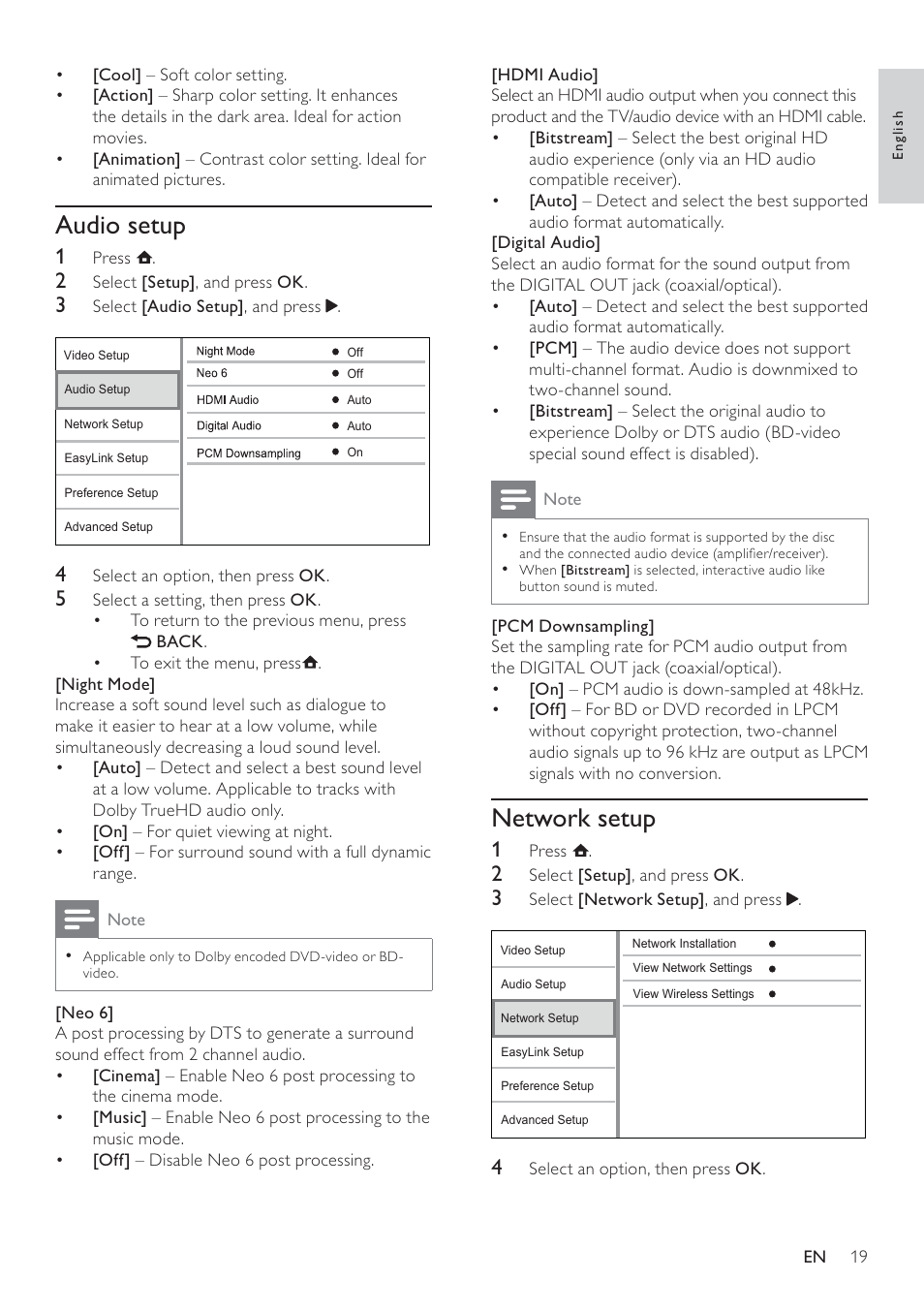 Network setup, Audio setup | Philips BDP5100 User Manual | Page 18 / 48