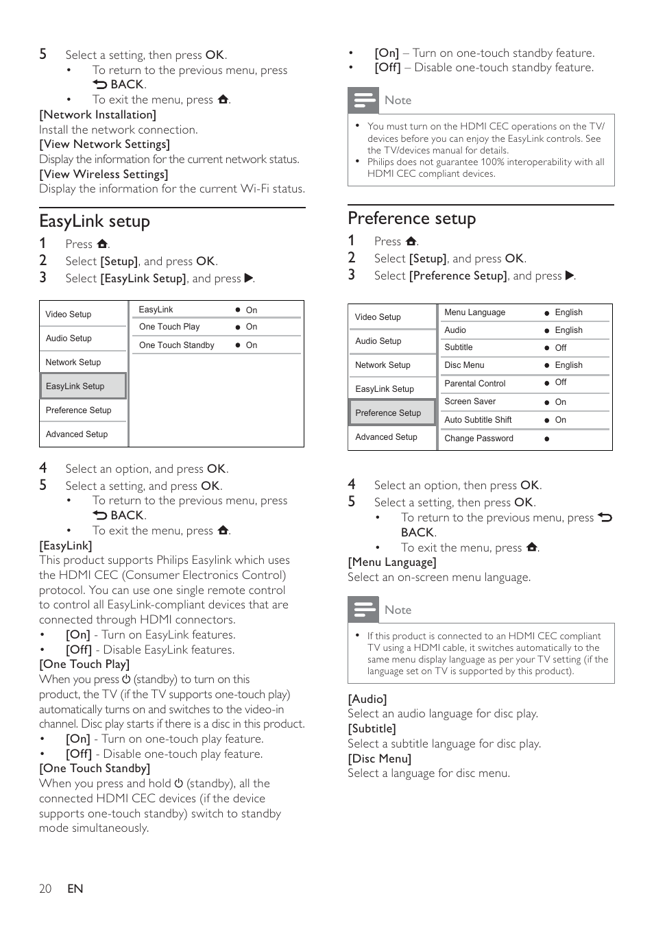 Preference setup, Easylink setup | Philips BDP5100 User Manual | Page 19 / 48