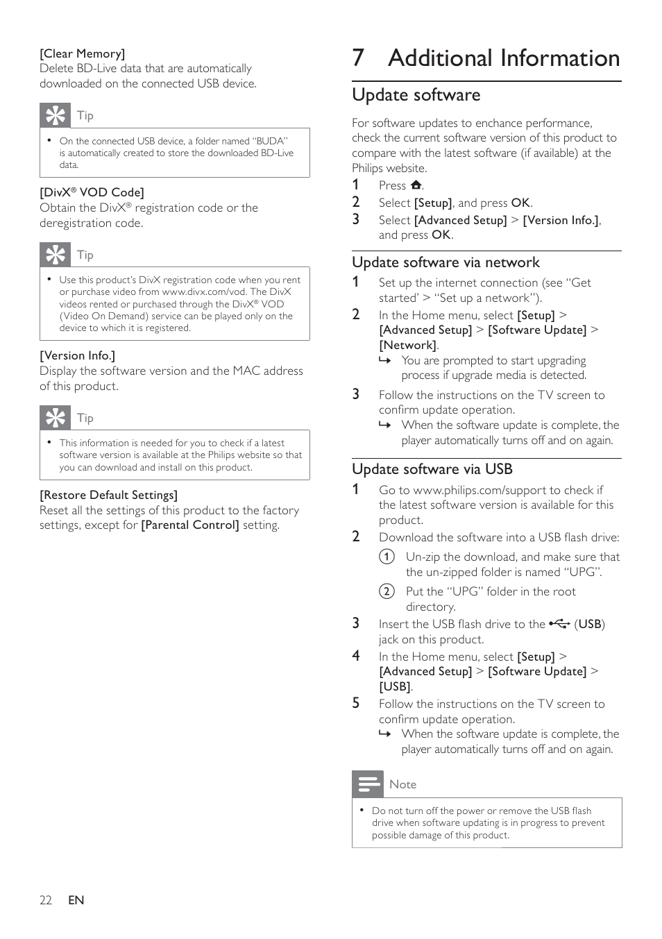 7 additional information, Update software, Update software via network 1 | Update software via usb 1 | Philips BDP5100 User Manual | Page 21 / 48