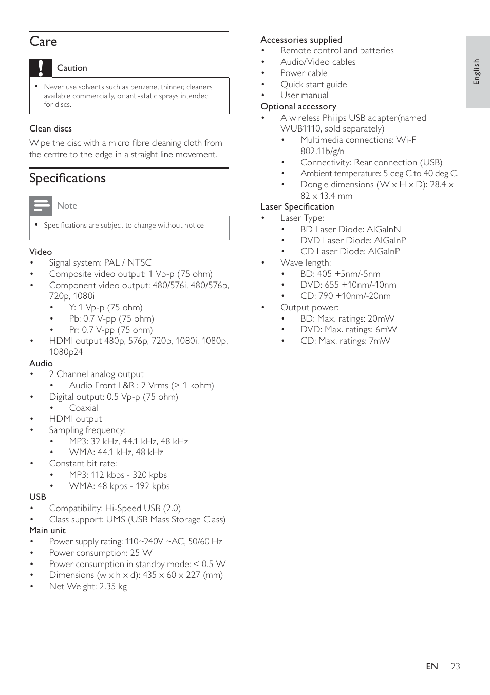 Care, Speciﬁcations | Philips BDP5100 User Manual | Page 22 / 48