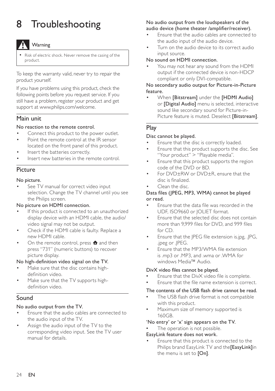 8 troubleshooting, Play, Main unit | Picture, Sound | Philips BDP5100 User Manual | Page 23 / 48