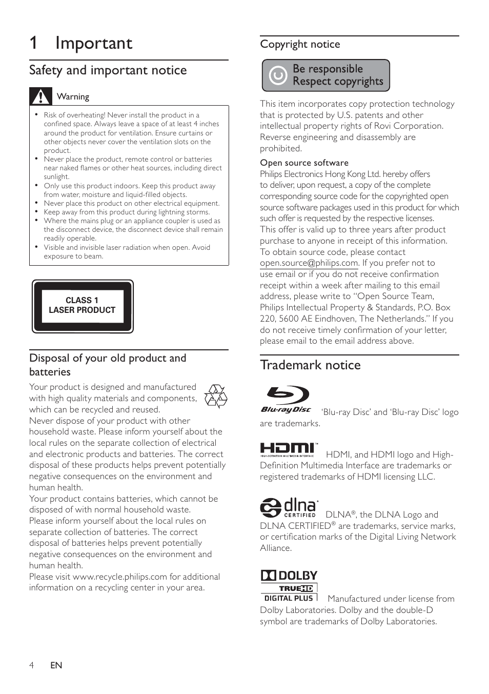 1 important, Trademark notice, Safety and important notice | Philips BDP5100 User Manual | Page 3 / 48