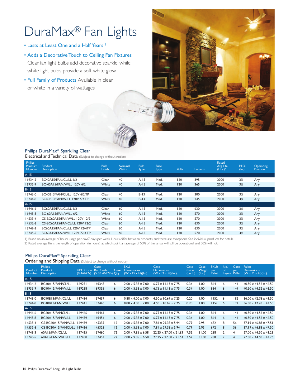 Duramax, Fan lights, Lasts at least one and a half years | Philips duramax, Sparkling clear, Ordering and shipping data, Electrical and technical data | Philips DuraMax Long Life Light Bulb User Manual | Page 10 / 16