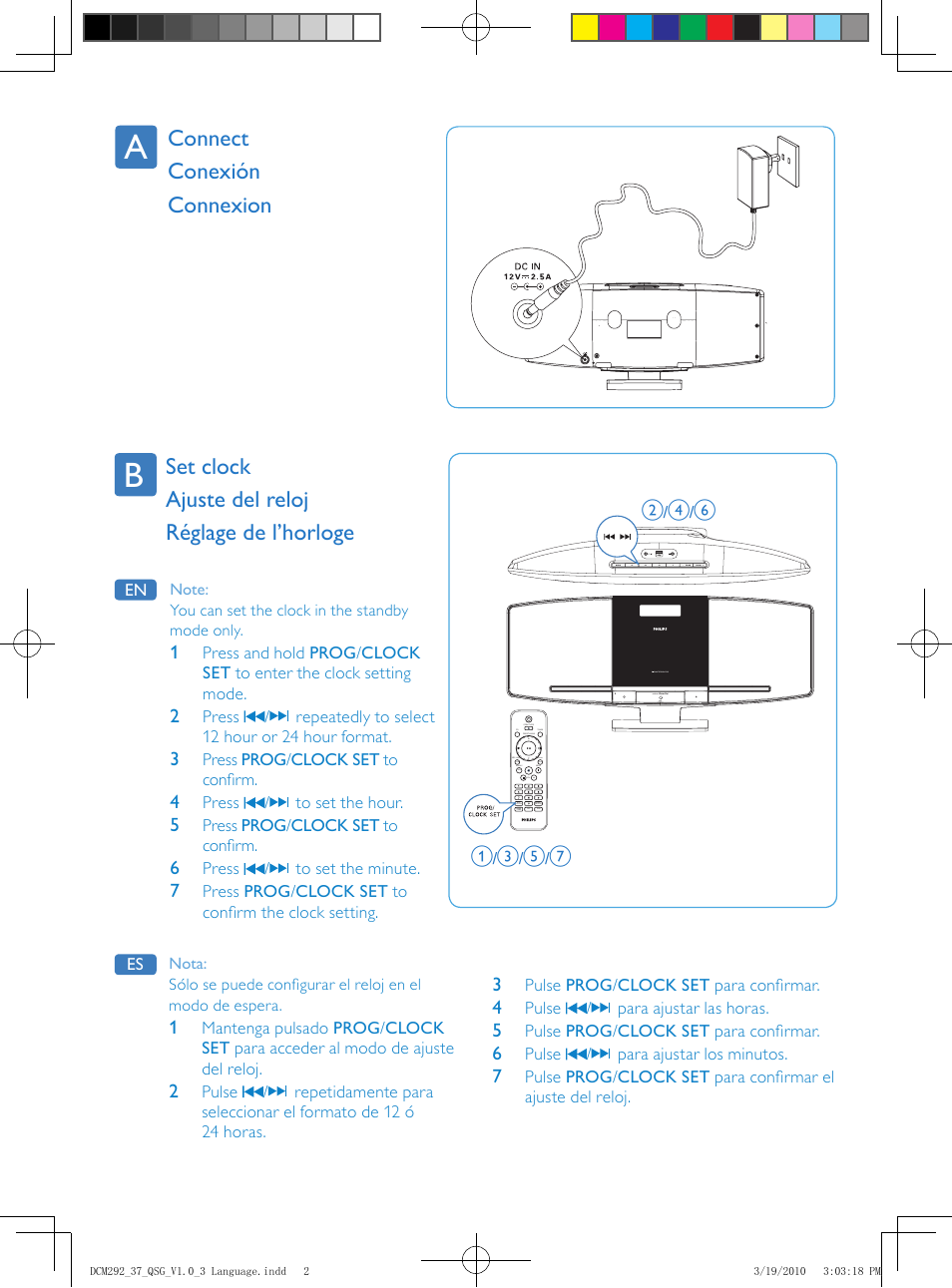 Set clock ajuste del reloj réglage de l’horloge, Connect conexión connexion | Philips DCM292/37 User Manual | Page 2 / 4