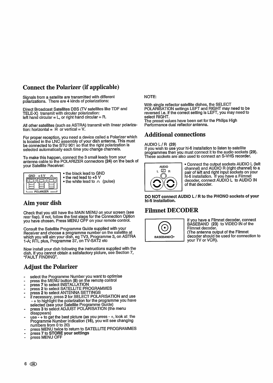 Connect the polarizer (if applicable), Aim your dish, Additional connections | Filmnet decoder, Adjust the polarizer | Philips STU 901/25R User Manual | Page 10 / 30