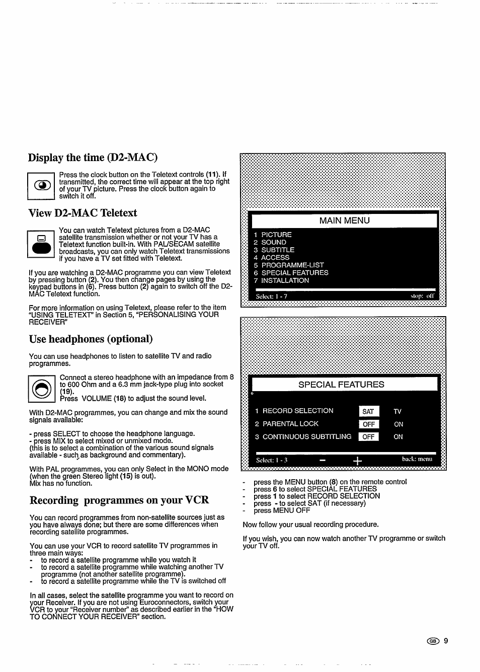 Display the time (d2-mac), View d2-mac teletext, Use headphones (optional) | Recording programmes on your vcr | Philips STU 901/25R User Manual | Page 13 / 30