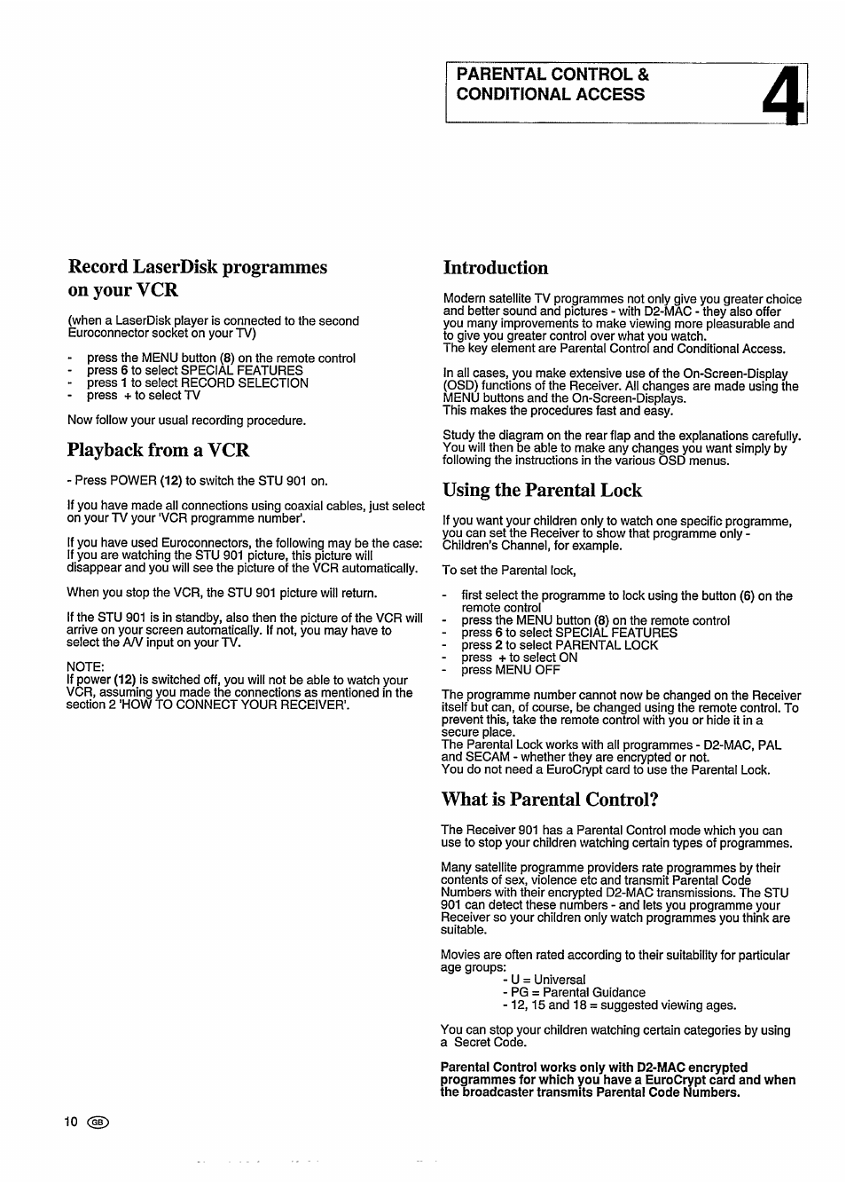 Record laserdisk programmes on your vcr, Playback from a vcr, Introduction | Using the parental lock, What is parental control | Philips STU 901/25R User Manual | Page 14 / 30