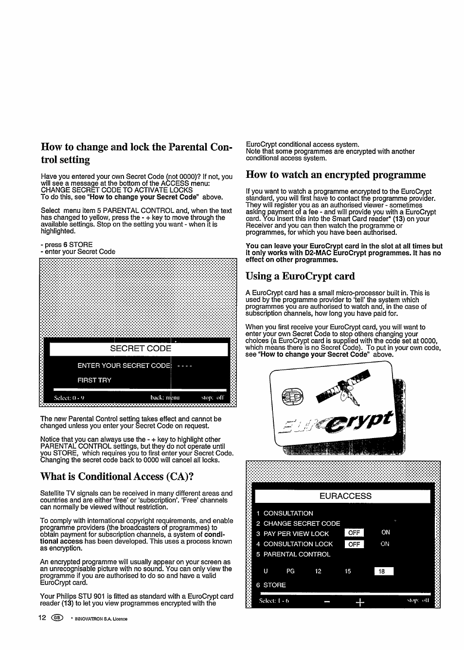 What is conditional access (ca), How to watch an encrypted progranune, Using a eurocrypt card | Philips STU 901/25R User Manual | Page 16 / 30