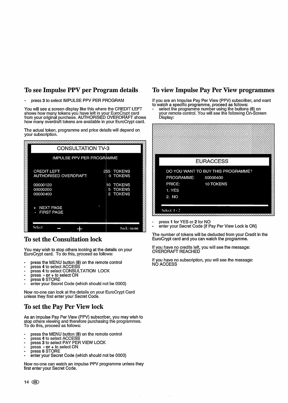 To see impulse ppv per program details, To view impulse pay per view programmes, To set the consultation lock | To set the pay per view lock | Philips STU 901/25R User Manual | Page 18 / 30