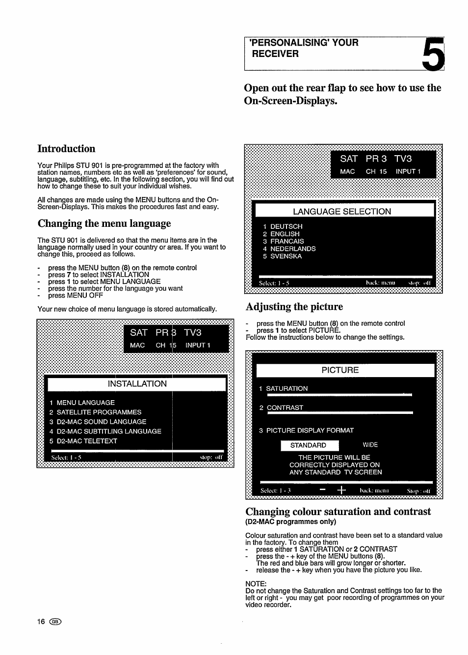 Introduction, Changing the menu language, Adjusting the picture | Changing colour saturation and contrast, Personalising' your receiver | Philips STU 901/25R User Manual | Page 20 / 30