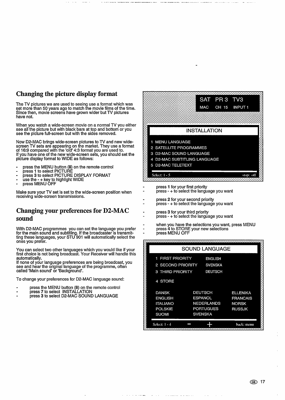 Changing the picture display format, Changing your preferences for d2-mac sound | Philips STU 901/25R User Manual | Page 21 / 30