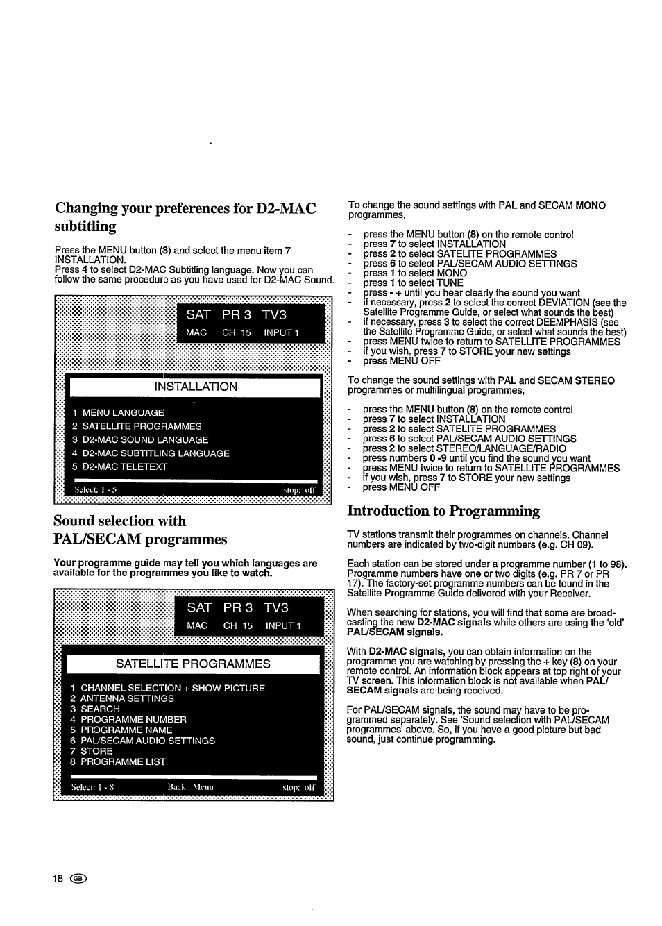 Changing your preferences for d2-mac subtitling, Sound selection with pal/secam programmes, Introduction to programming | Philips STU 901/25R User Manual | Page 22 / 30