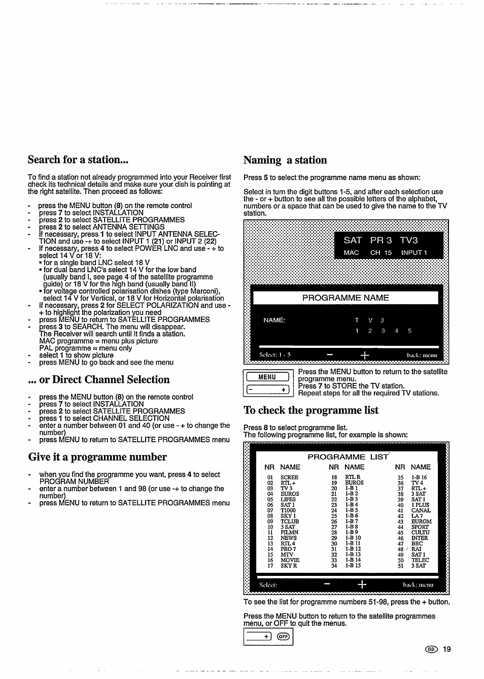 Or direct channel selection, Give it a programme number, To check the programme list | Search for a station... naming a station | Philips STU 901/25R User Manual | Page 23 / 30