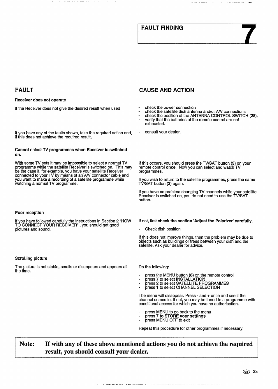 Result, you should consult your dealer, Fault, Cause and action | Philips STU 901/25R User Manual | Page 27 / 30