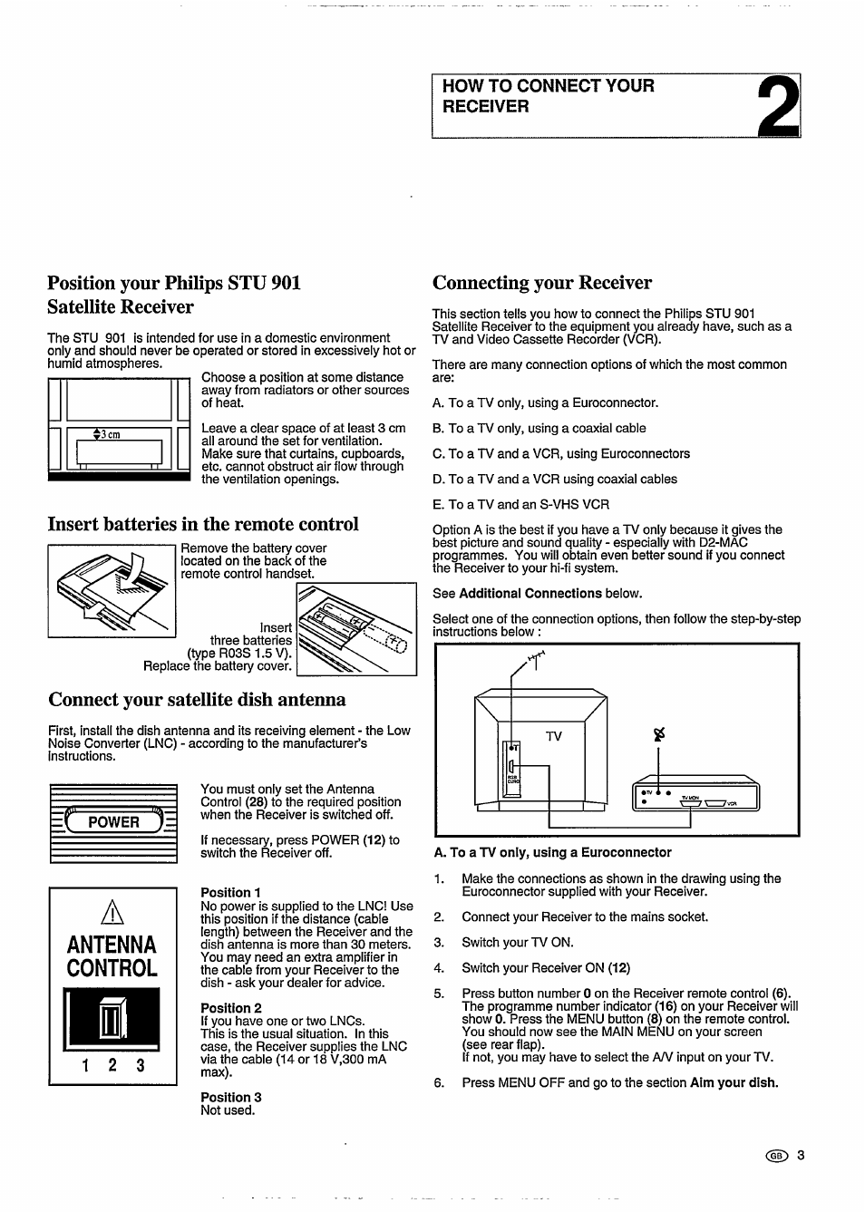 Position your philips stu 901 satellite receiver, Insert batteries in the remote control, Connect your satellite dish antenna | Connecting your receiver, Antenna control | Philips STU 901/25R User Manual | Page 7 / 30