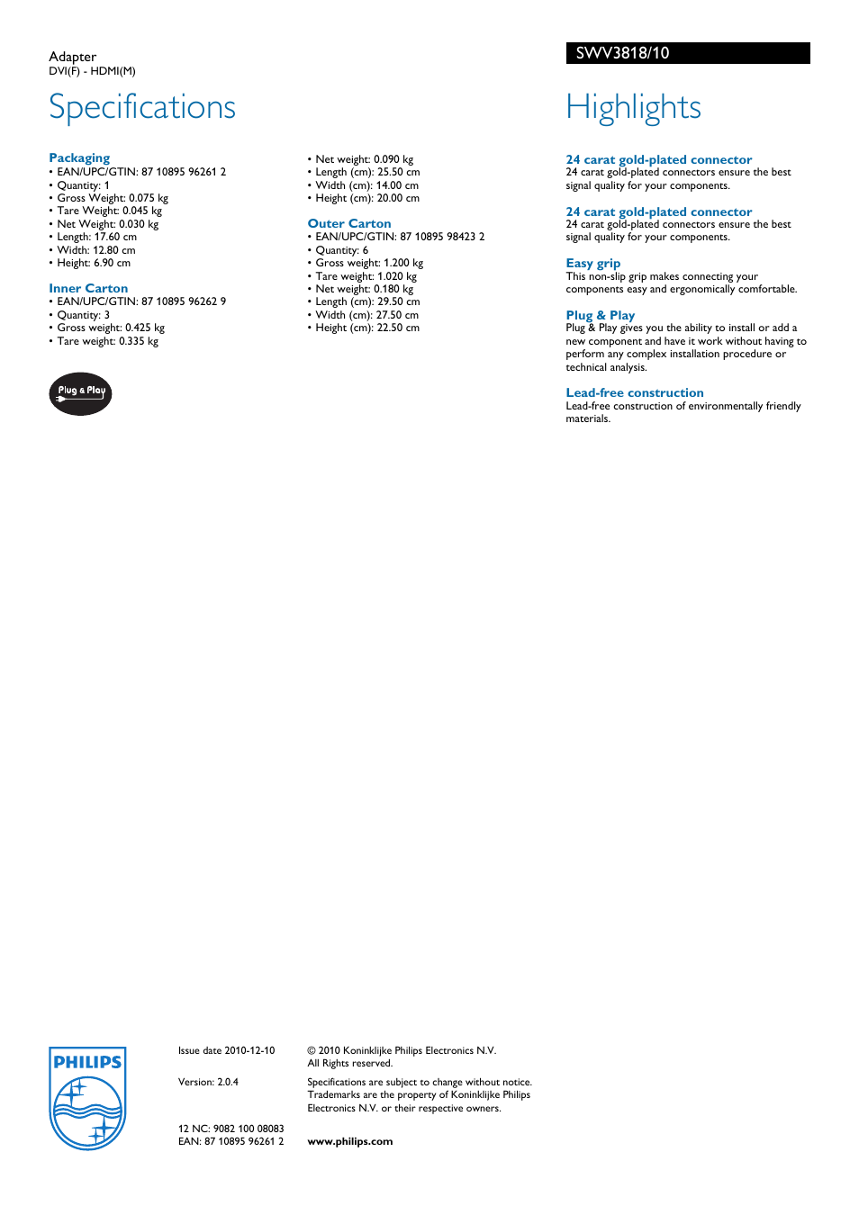 Specifications, Highlights | Philips SWV3818/10 User Manual | Page 2 / 2