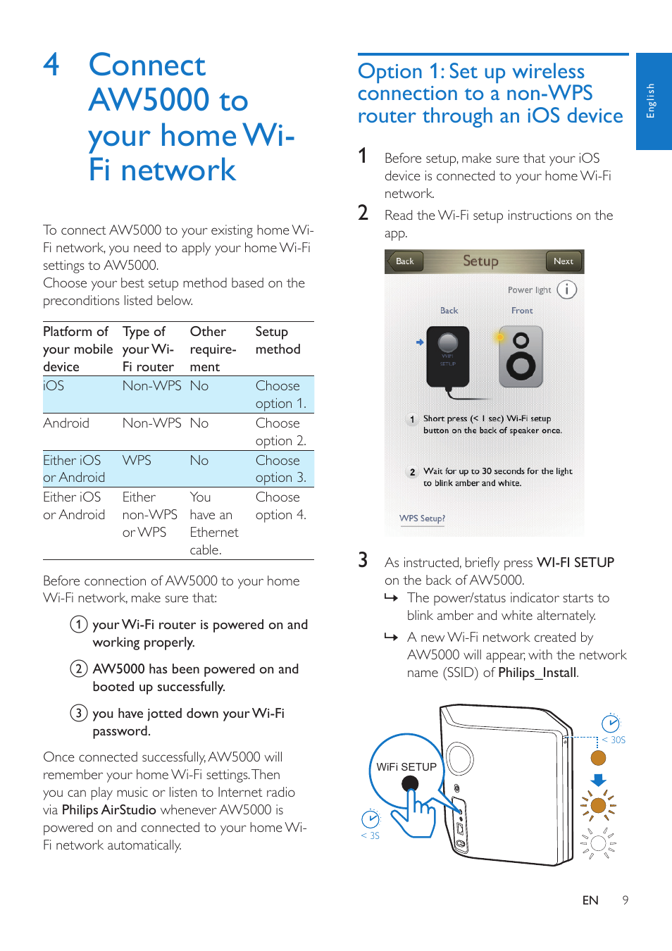 4 connect aw5000 to your home wi-fi network, 4 connect aw5000 to your home, Wi-fi network | Option 1: set up wireless connection, To a non-wps router through an, Ios device | Philips AW5000 User Manual | Page 11 / 32