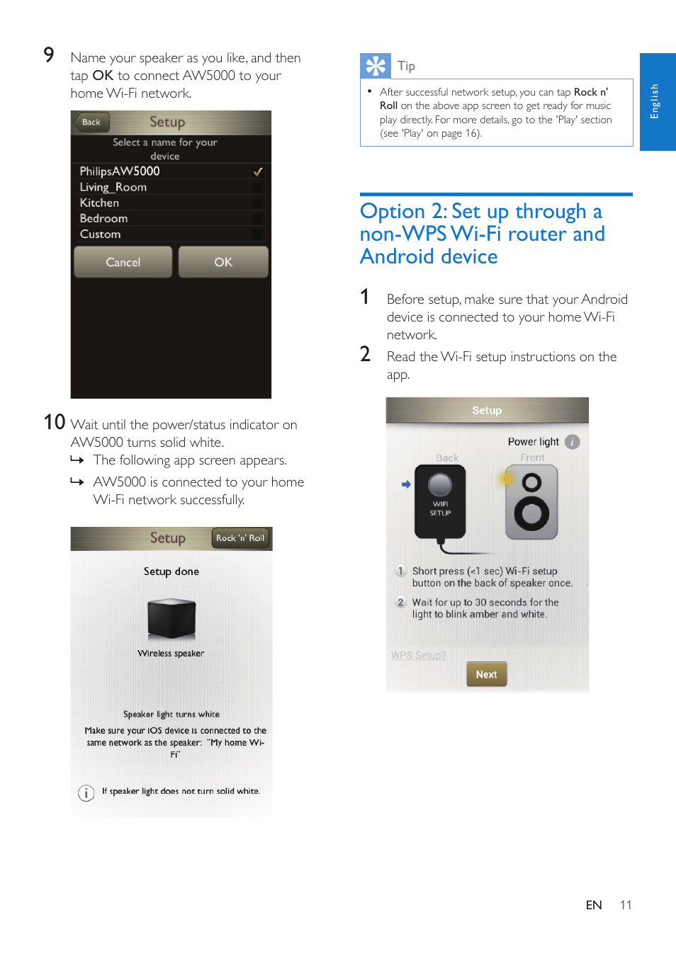 Option 2: set up through a non-wps, Wi-fi router and android device | Philips AW5000 User Manual | Page 13 / 32