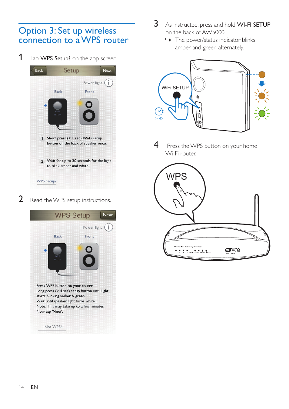 Option 3: set up wireless connection, To a wps router | Philips AW5000 User Manual | Page 16 / 32