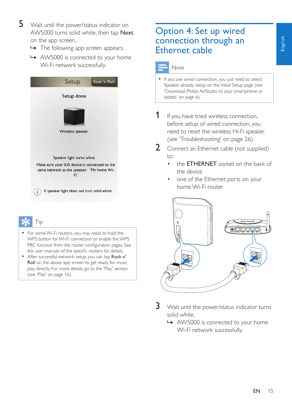 Option 4: set up wired connection, Through an ethernet cable | Philips AW5000 User Manual | Page 17 / 32