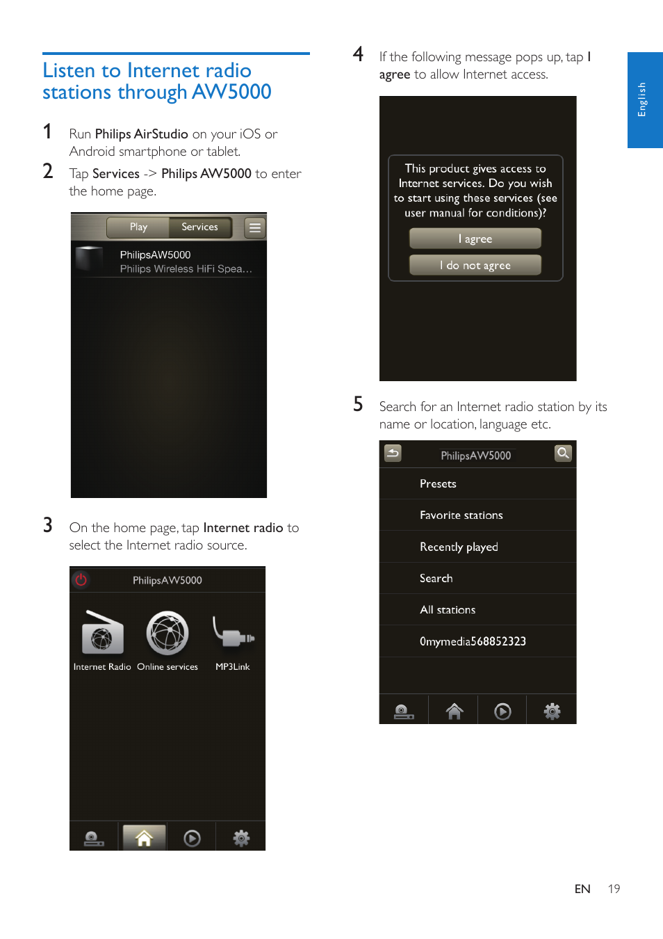 Listen to internet radio stations through aw5000, Listen to internet radio stations, Through aw5000 | Philips AW5000 User Manual | Page 21 / 32