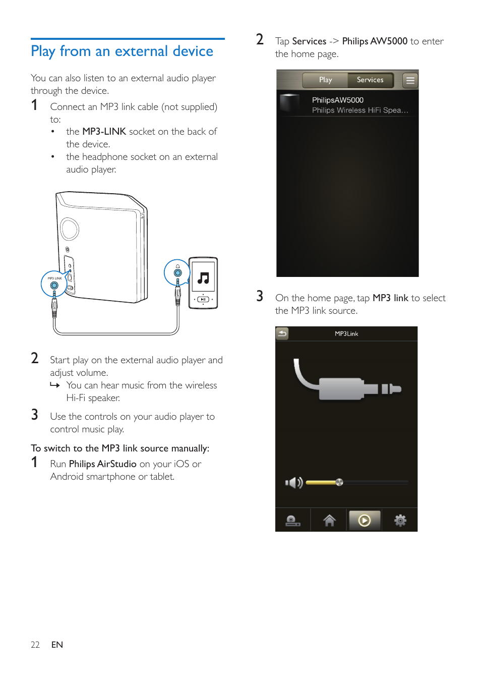 Play from an external device | Philips AW5000 User Manual | Page 24 / 32