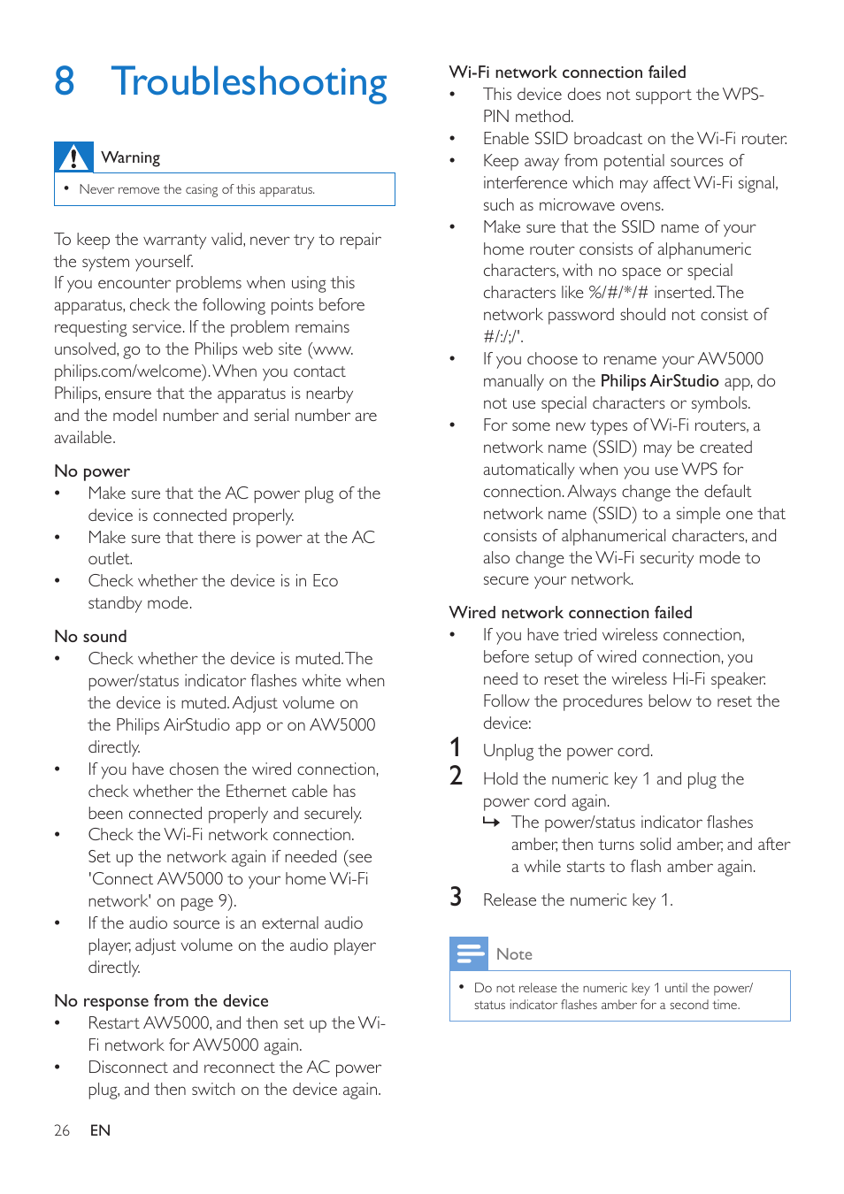 8 troubleshooting, Need to reset the wireless hi-fi speaker | Philips AW5000 User Manual | Page 28 / 32