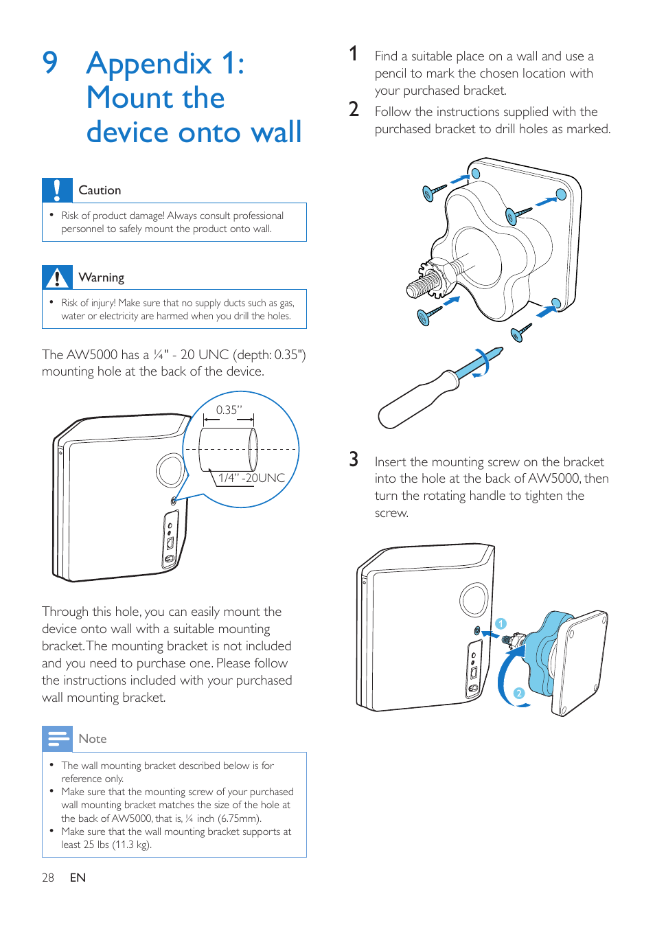 9 appendix 1: mount the device onto wall, 9 appendix 1: mount the device, Onto wall | Philips AW5000 User Manual | Page 30 / 32