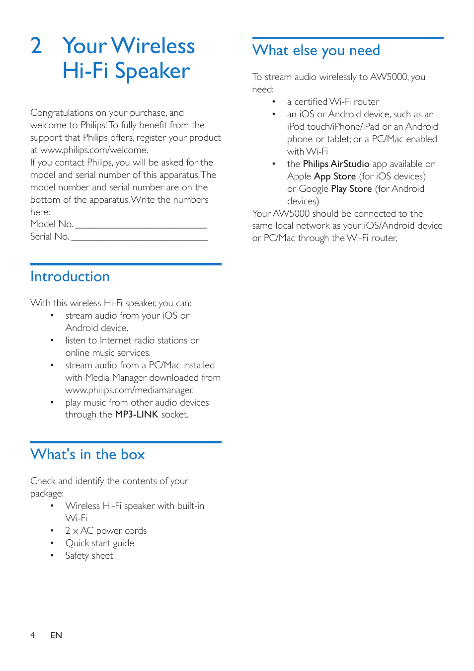 2 your wireless hi-fi speaker, Introduction, What's in the box | What else you need, Introduction 4 | Philips AW5000 User Manual | Page 6 / 32