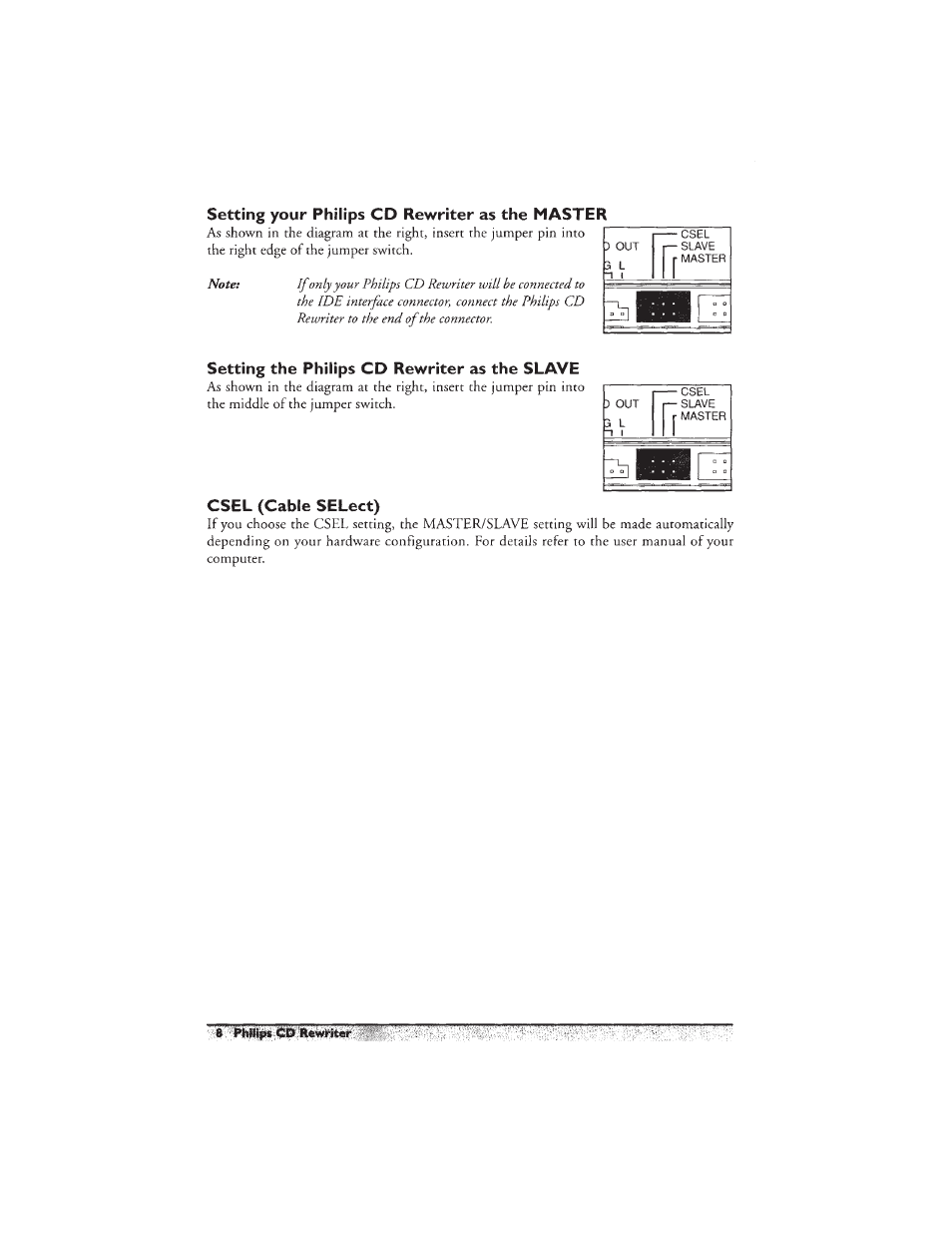 Setting your philips cd rewriter as the master, Setting the philips cd rewriter as the slave, Csel (cable select) | Philips PCA460RW User Manual | Page 10 / 22