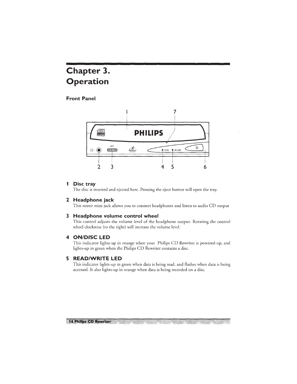 Chapter 3. operation, Front panel, 1 disc tray | 2 headphone jack, 3 headphone volume control wheel, Chapter 3 - operation | Philips PCA460RW User Manual | Page 16 / 22