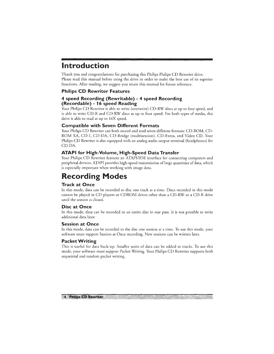 Introduction, Philips cd rewriter features, Compatible with seven different formats | Atari for high-volume, high-speed data transfer, Recording modes, Track at once, Disc at once, Session at once, Packet writing, Philips cd rewriter features recording modes | Philips PCA460RW User Manual | Page 6 / 22