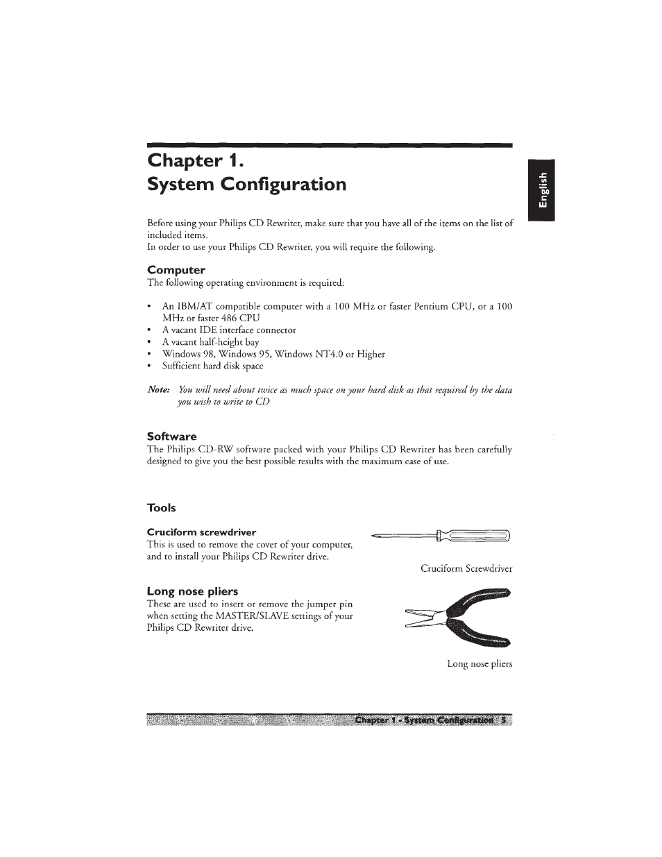 Chapter 1, System configuration, Computer | Software, Tools, Long nose pliers, Computer software tools, Chapter 1. system configuration | Philips PCA460RW User Manual | Page 7 / 22