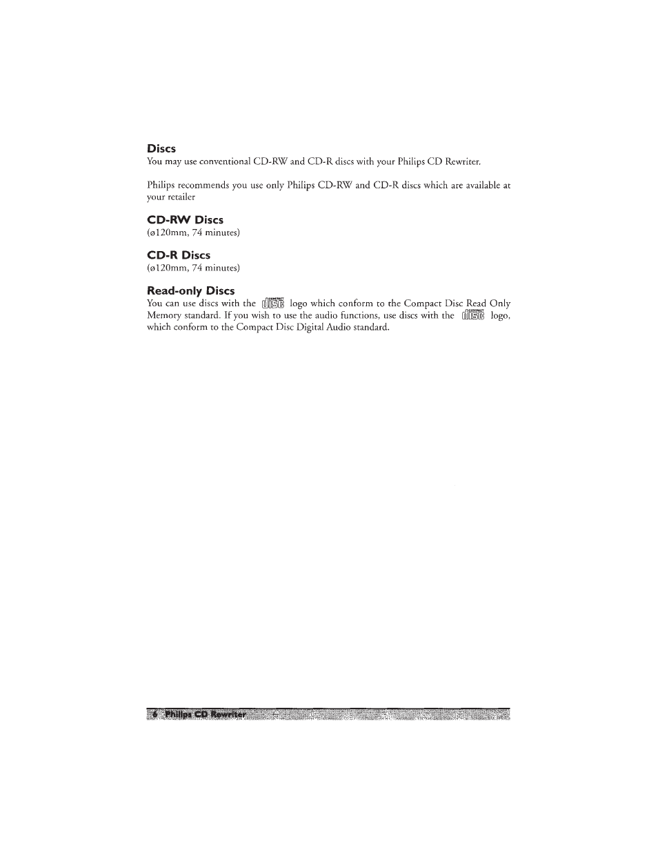 Discs, Cd-rw discs, Cd-r discs | Read-only discs | Philips PCA460RW User Manual | Page 8 / 22