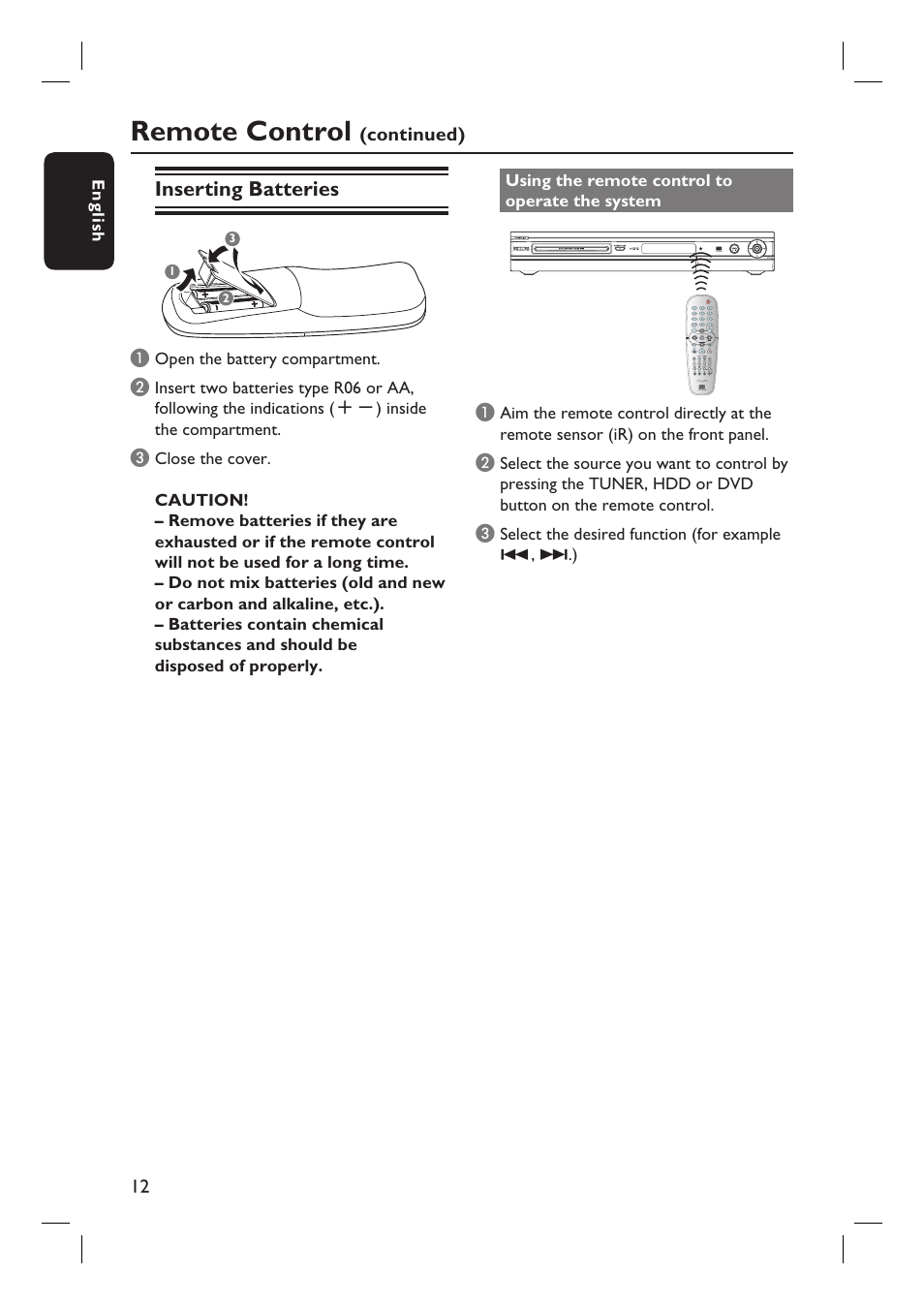 Remote control, Inserting batteries | Philips DVDR3360H User Manual | Page 12 / 73