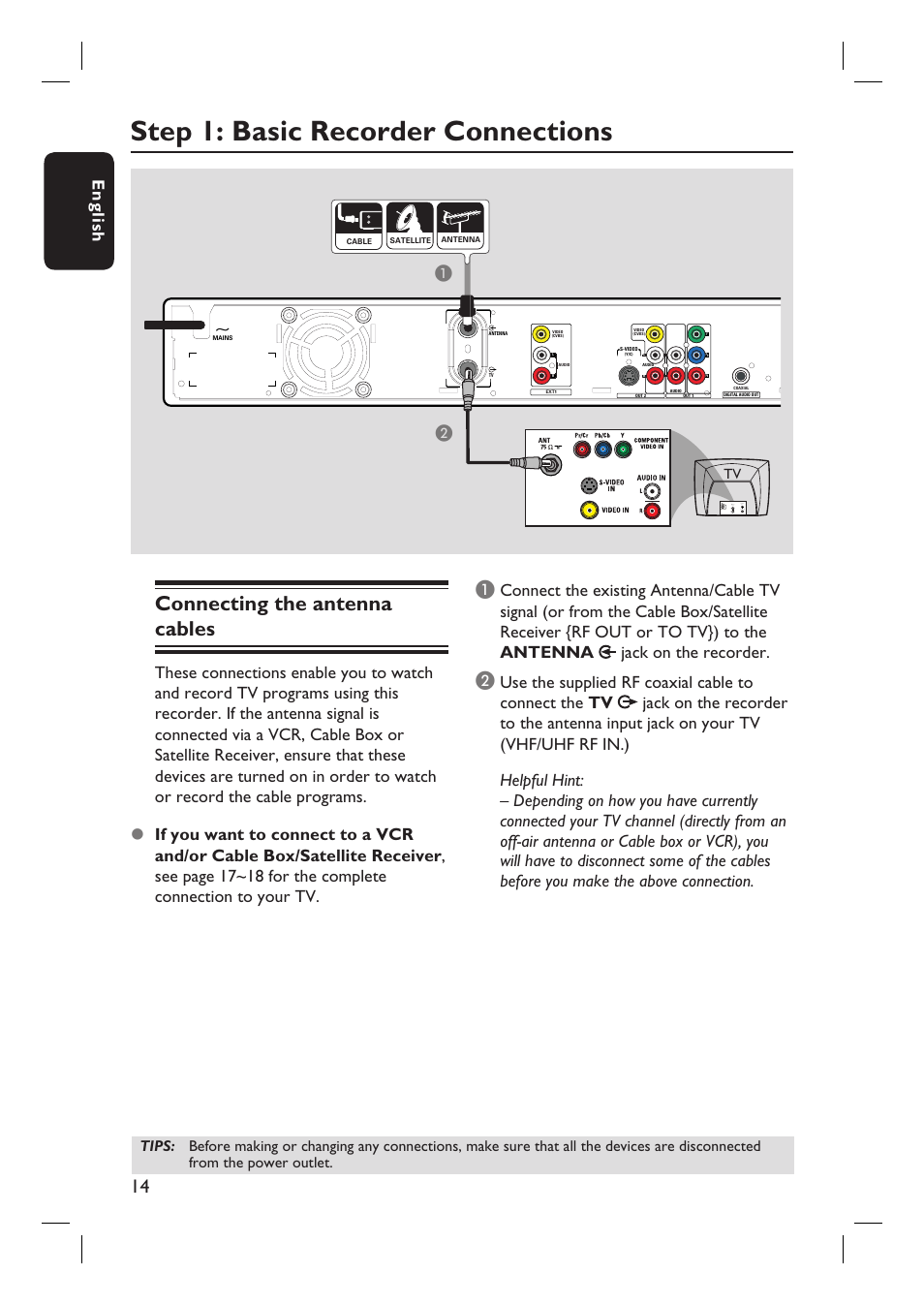 Step 1: basic recorder connections, Connecting the antenna cables, English | Philips DVDR3360H User Manual | Page 14 / 73