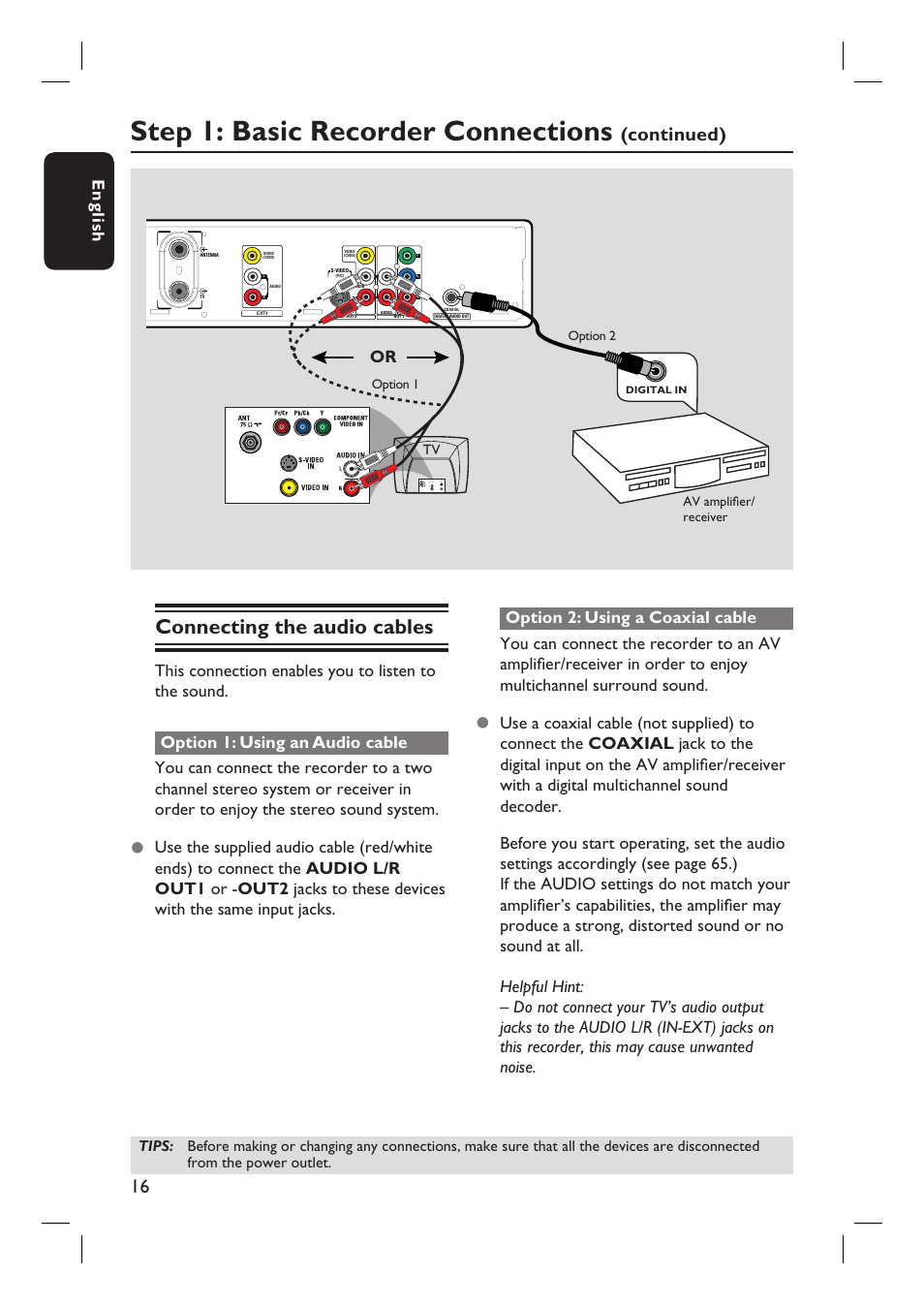 Step 1: basic recorder connections, Connecting the audio cables, Continued) | English | Philips DVDR3360H User Manual | Page 16 / 73