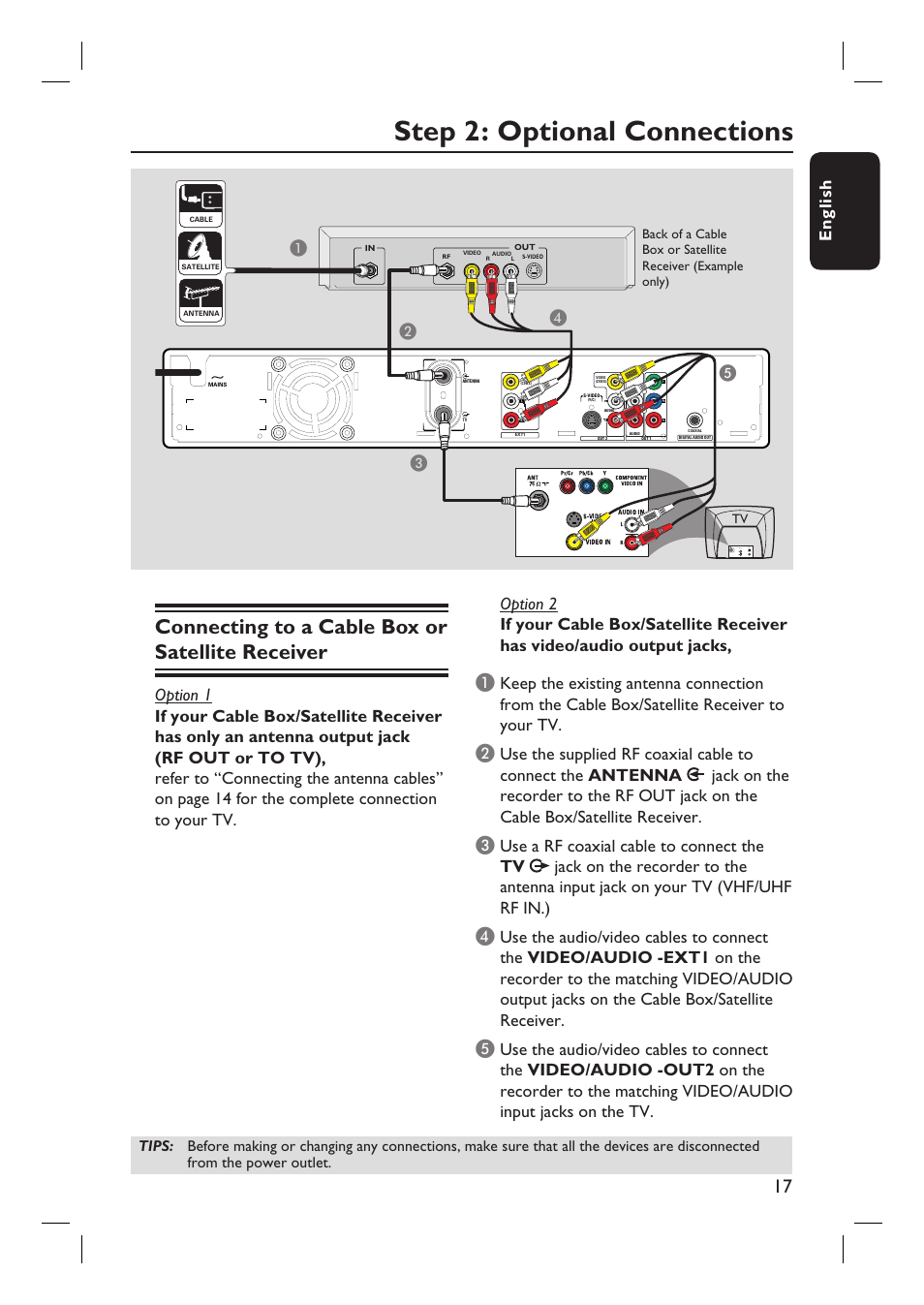 Step 2: optional connections, Connecting to a cable box or satellite receiver, English | Ab c | Philips DVDR3360H User Manual | Page 17 / 73