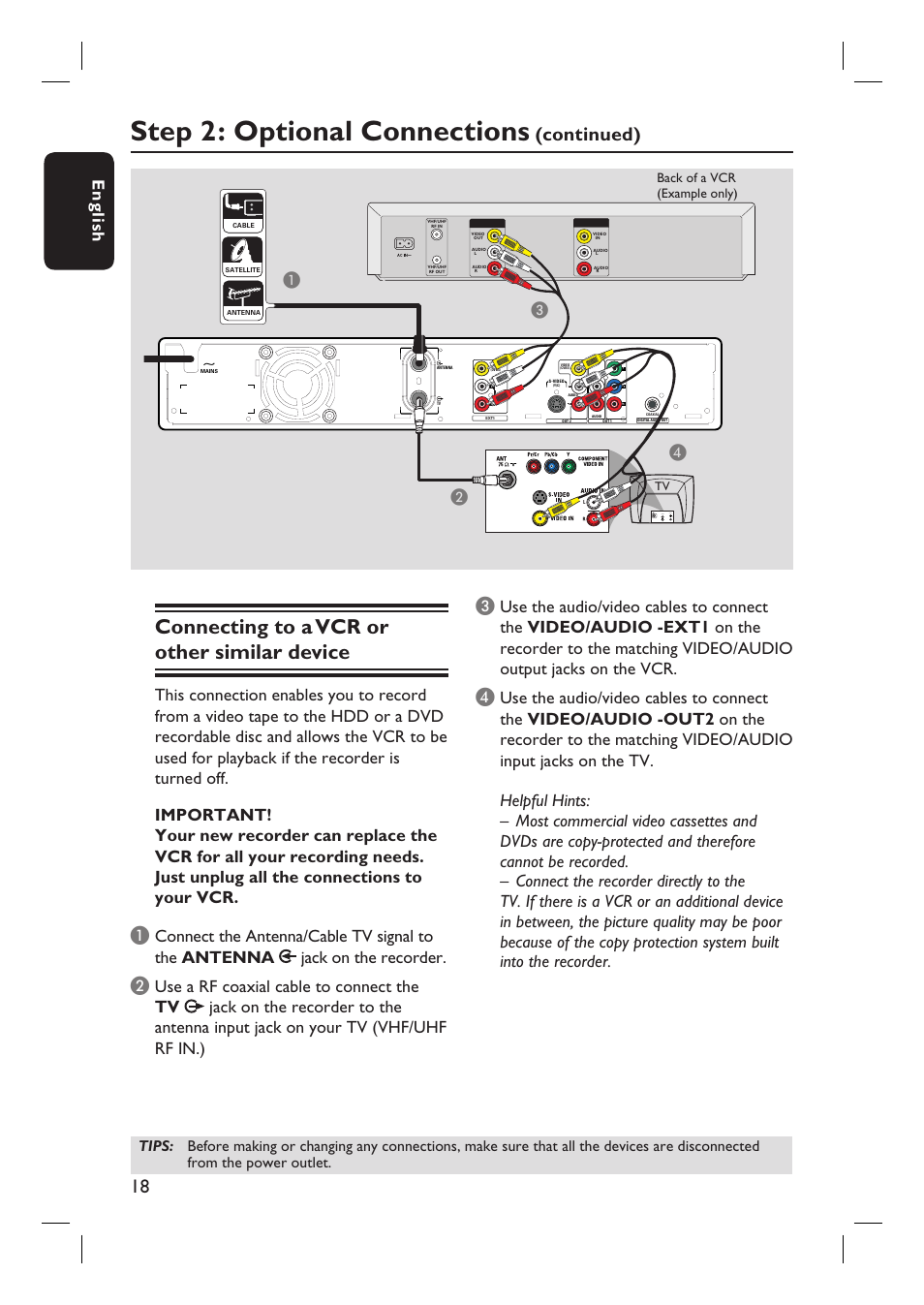 Step 2: optional connections, Connecting to a vcr or other similar device, Continued) | English, Ab c, Back of a vcr (example only) | Philips DVDR3360H User Manual | Page 18 / 73