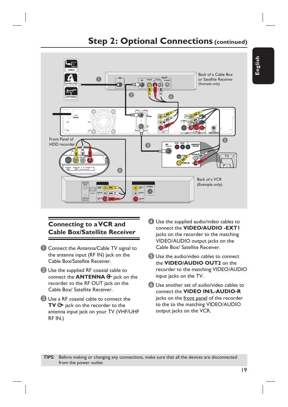 Step 2: optional connections, Continued), English | Bc e d | Philips DVDR3360H User Manual | Page 19 / 73