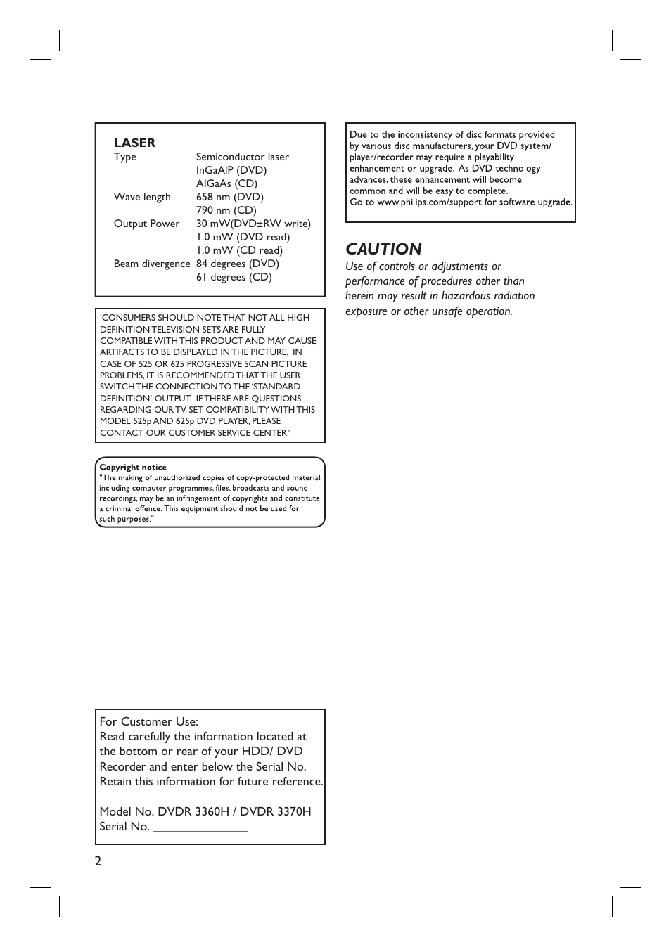 Caution | Philips DVDR3360H User Manual | Page 2 / 73