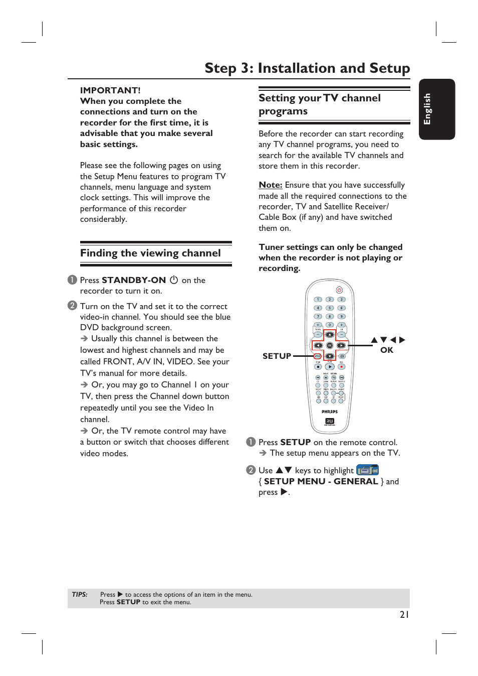 Step 3: installation and setup, Finding the viewing channel, Setting your tv channel programs | Philips DVDR3360H User Manual | Page 21 / 73