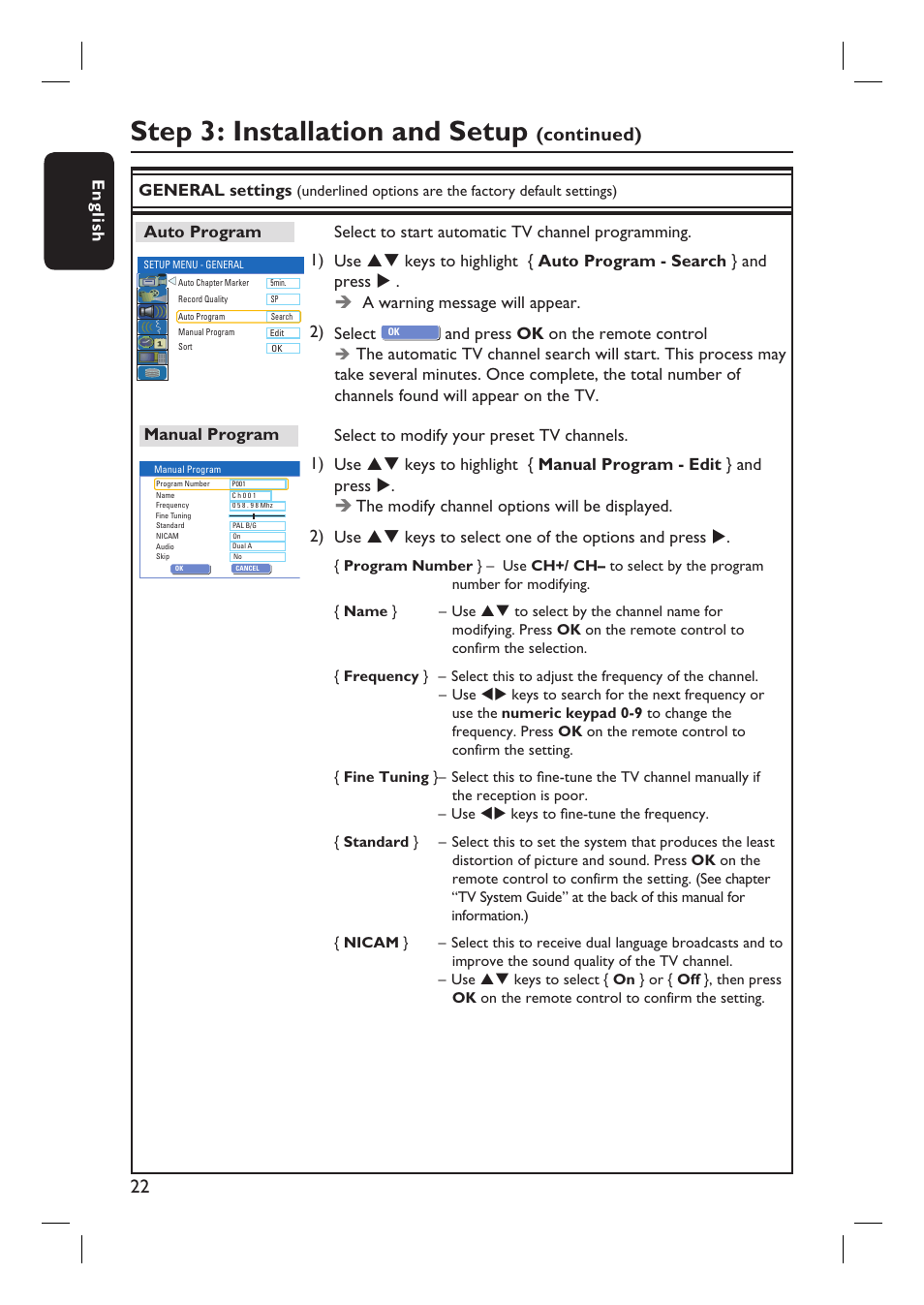 Step 3: installation and setup, Continued) | Philips DVDR3360H User Manual | Page 22 / 73