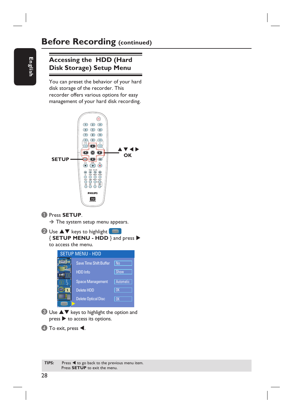 Before recording, Accessing the hdd (hard disk storage) setup menu | Philips DVDR3360H User Manual | Page 28 / 73