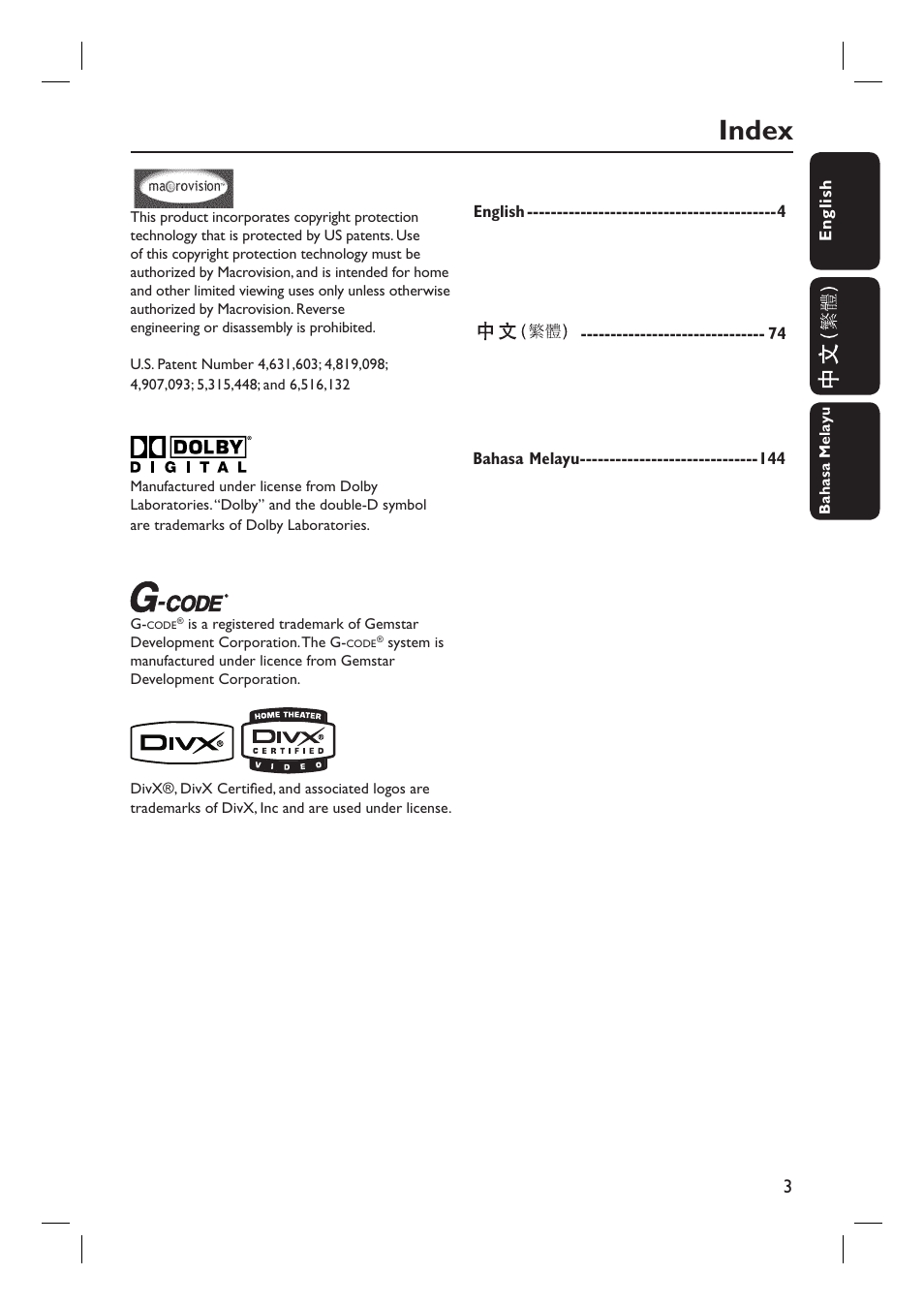 Index | Philips DVDR3360H User Manual | Page 3 / 73