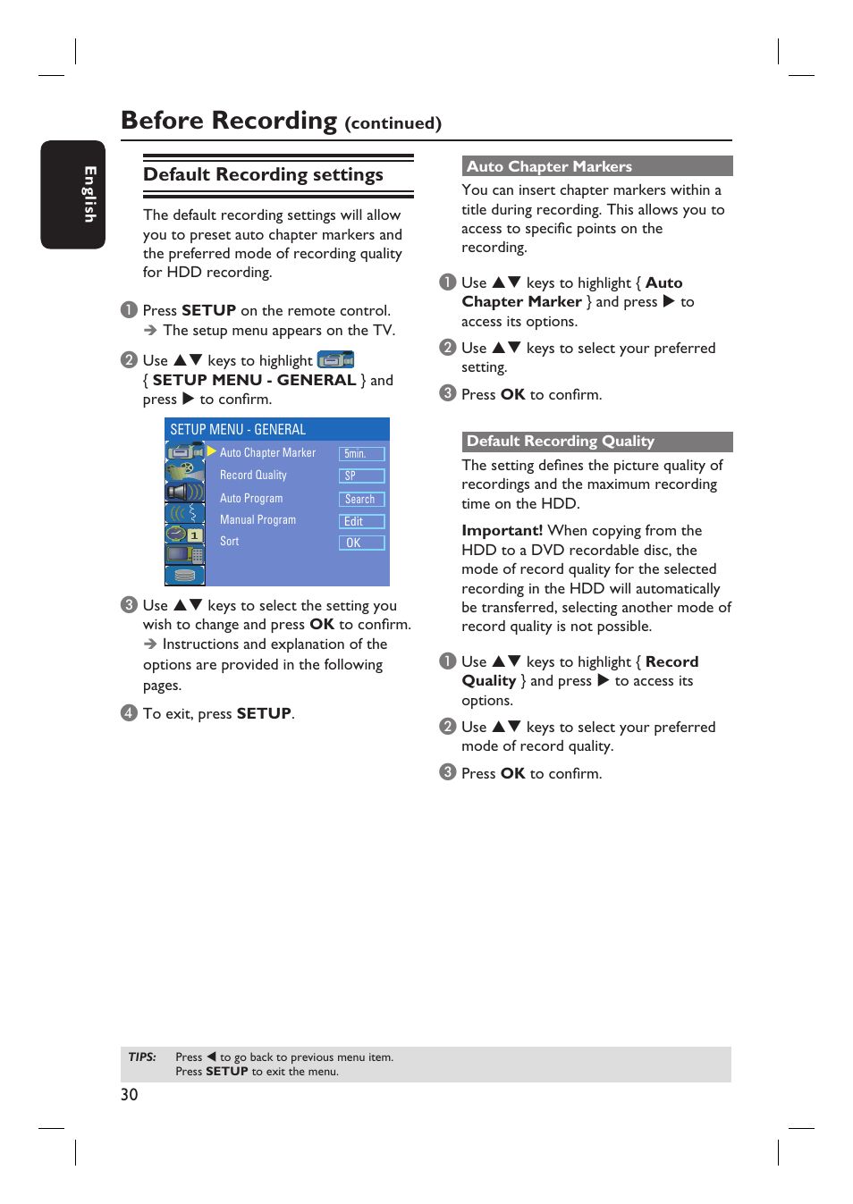 Before recording, Default recording settings | Philips DVDR3360H User Manual | Page 30 / 73