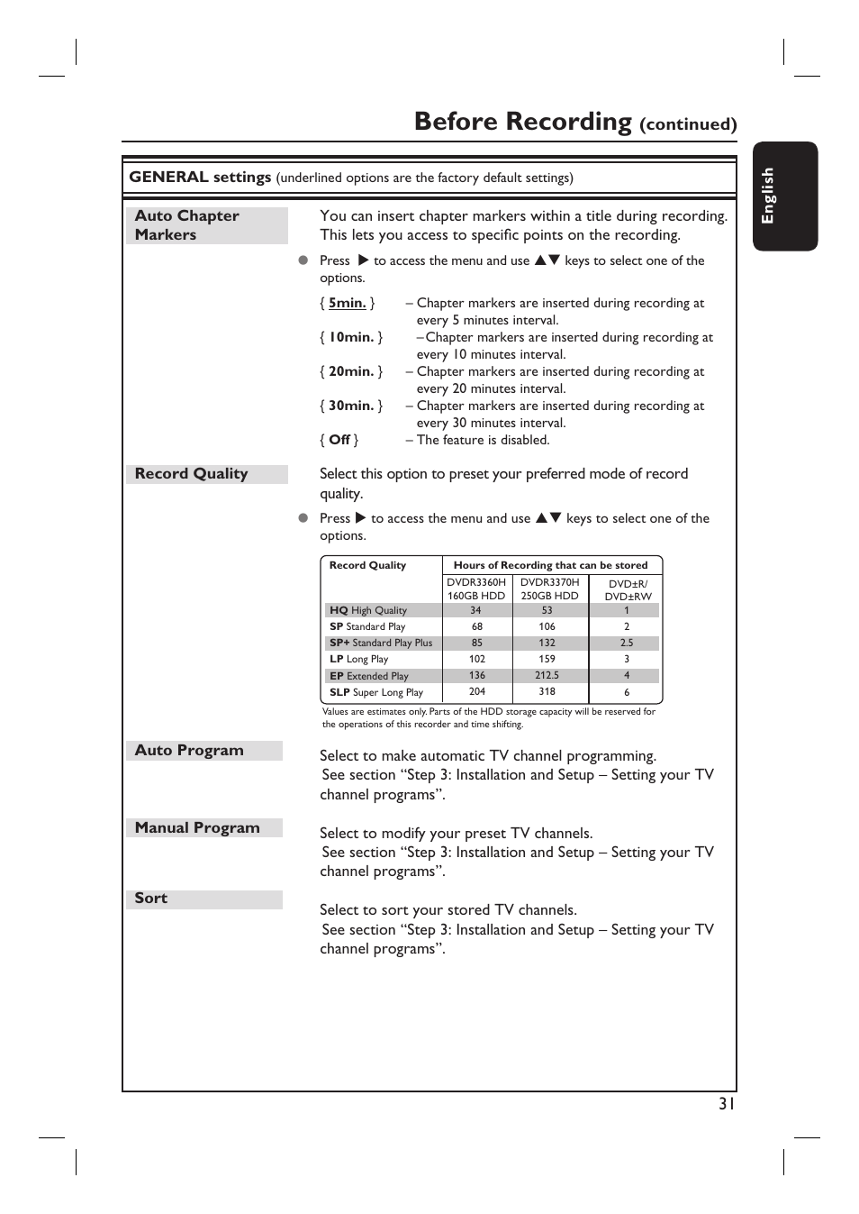 Before recording, Continued) | Philips DVDR3360H User Manual | Page 31 / 73