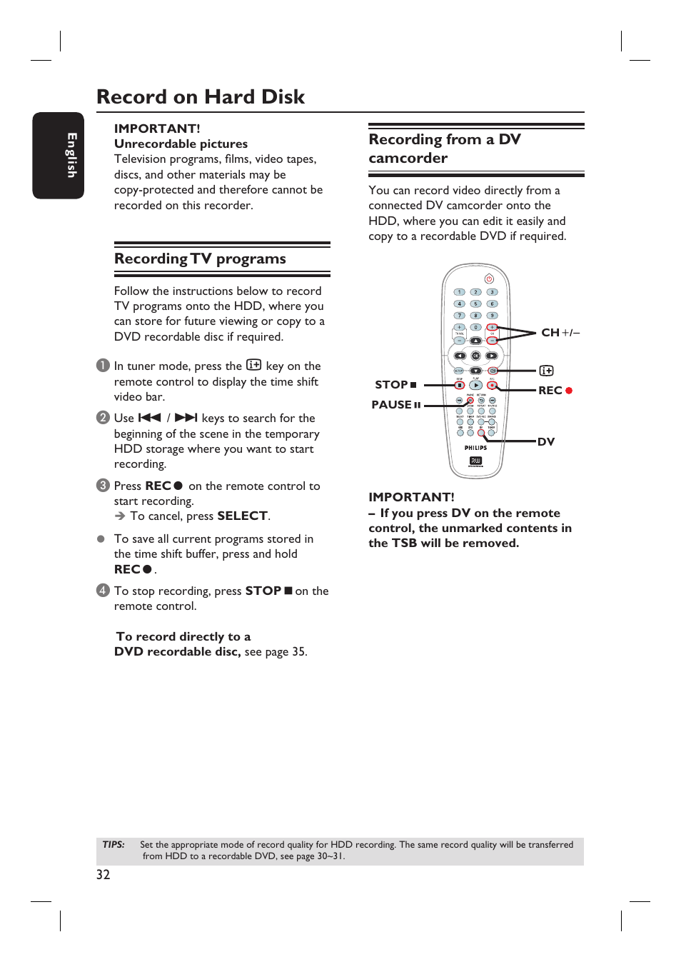 Record on hard disk, Recording tv programs, Recording from a dv camcorder | Philips DVDR3360H User Manual | Page 32 / 73